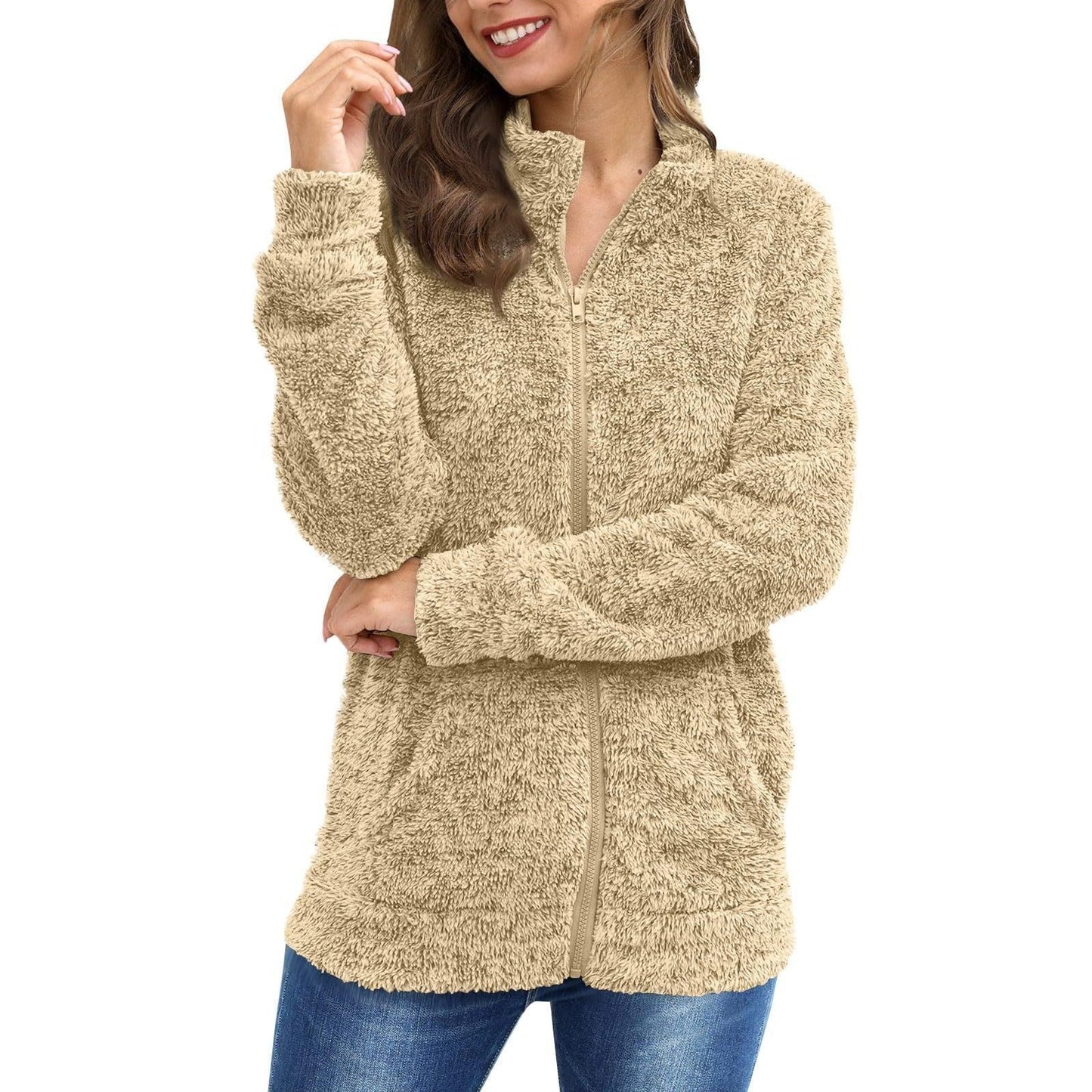 Veste femme à manches longues en peluche ample et chaleureuse