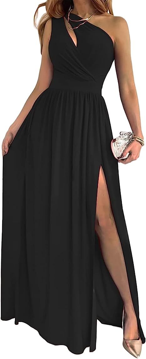 Robe longue élégante et sexy pour femme, sans manches, à une épaule, avec fente haute et découpes, idéale pour cocktail
