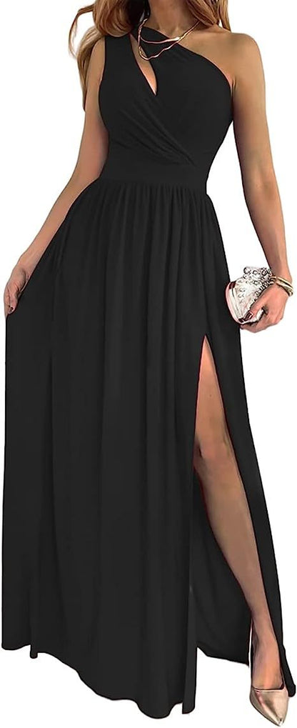 Robe longue élégante et sexy pour femme, sans manches, à une épaule, avec fente haute et découpes, idéale pour cocktail