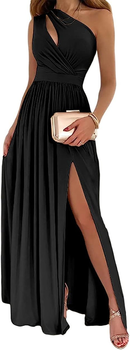 Robe longue élégante et sexy pour femme, sans manches, à une épaule, avec fente haute et découpes, idéale pour cocktail