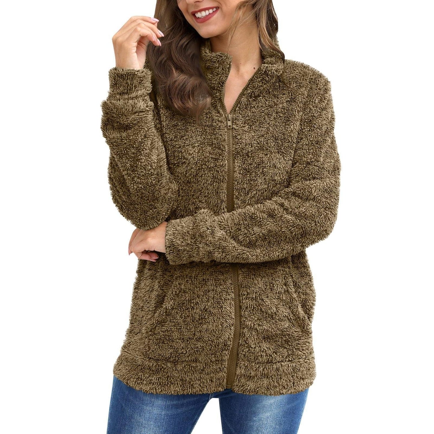 Veste femme à manches longues en peluche ample et chaleureuse