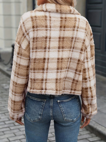 Cardigan en peluche à carreaux pour femme avec boutons, style européen et américain