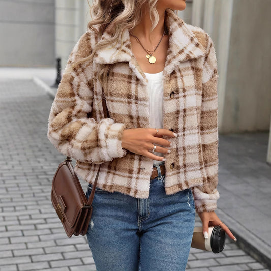 Cardigan en peluche à carreaux pour femme avec boutons, style européen et américain