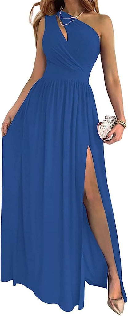 Robe longue élégante et sexy pour femme, sans manches, à une épaule, avec fente haute et découpes, idéale pour cocktail