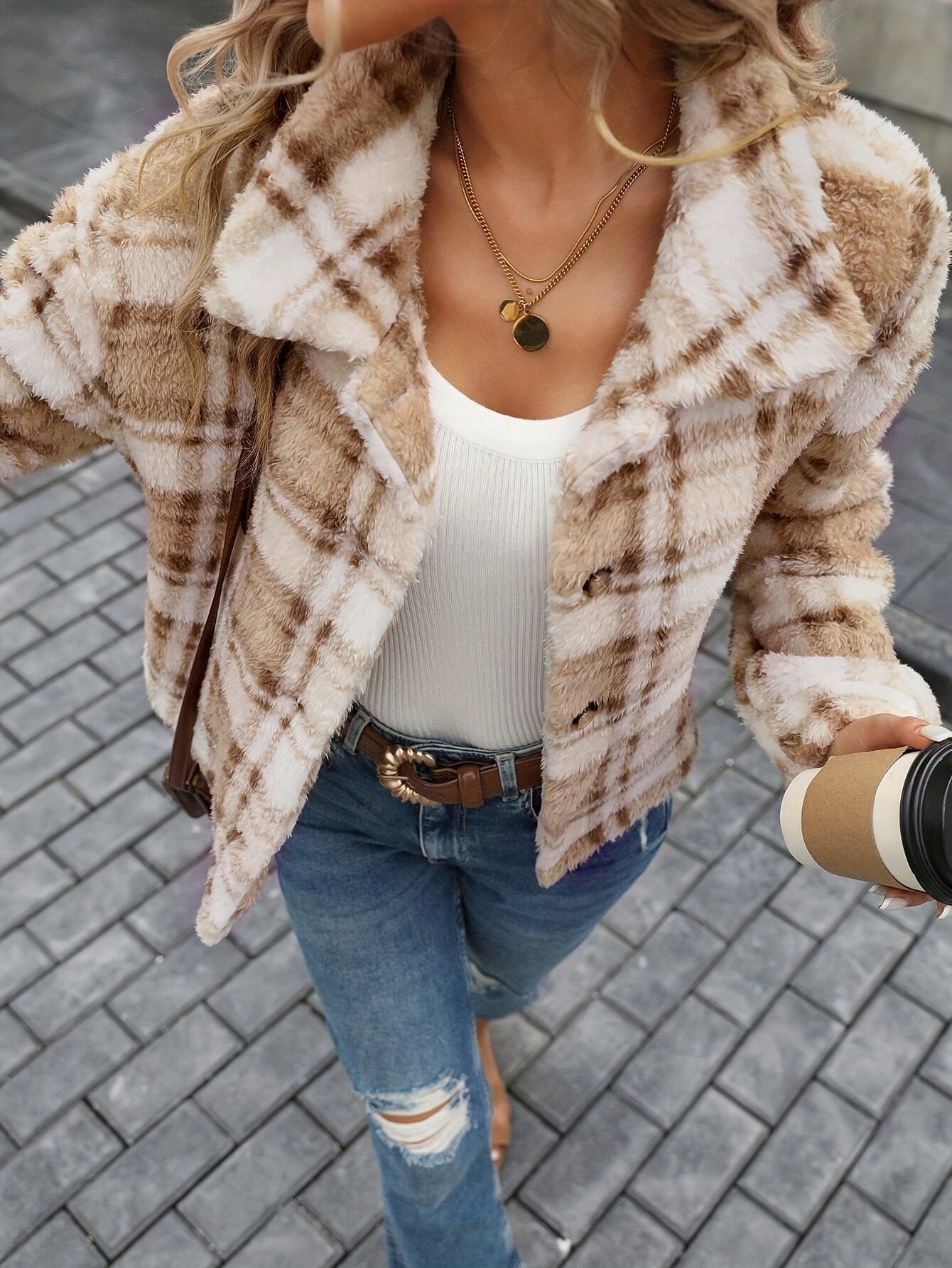 Cardigan en peluche à carreaux pour femme avec boutons, style européen et américain